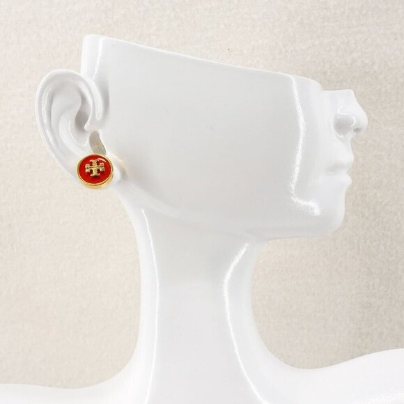 Tory Burch Kira Enamel Circle Stud Earrings Poppy Red/ Tory Gold OS - Picture 11 of 12
